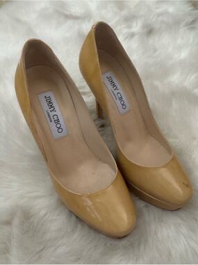Jimmy Choo Mustard Patent Leather Round-Toe Pumps